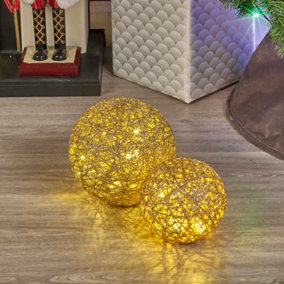 URBNLIVING 2 Pcs LED Light Up Christmas Balls Gold with Glitter Ornament Warm Fairy Lights Home Decor