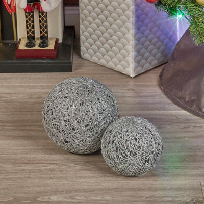 URBNLIVING 2 Pcs LED Light Up Christmas Balls Silver with Glitter Ornament Warm Fairy Lights Home Decor