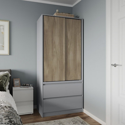 URBNLIVING 2 Sliding Doors Wardrobe 2 Drawer Bedroom Clothes Hanging Rail Grey Carcass with Oak Doors Storage Cupboard
