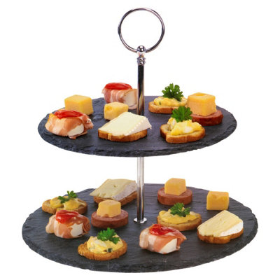 URBNLIVING 2 Tier Slate Round Pastry Pie Stand Decorative Wedding Cake Cupcake Platform Plate NEW