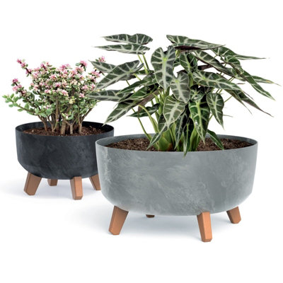 URBNLIVING 20cm Diameter Round Look Planter Flower Pot Indoor Outdoor Garden Decor With Legs Concrete Colour