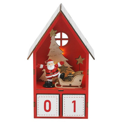 URBNLIVING 23cm Height Red Christmas LED Illuminated Wood House Santa Advent Calendar Xmas Countdown
