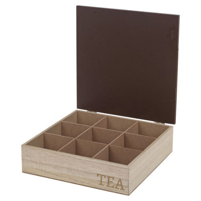 URBNLIVING 24.5cm Width 9 Section-Chocolate Compartment Wooden Tea Storage Box with MDF Lid Organiser Section Chest