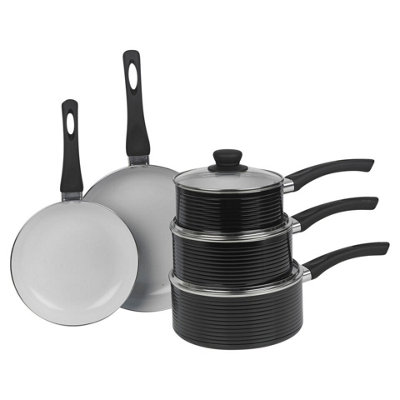 URBNLIVING 24cm Diameter Black Ribbed Aluminium Induction Hob Cookware Set Saucepans Pots Lids Frying Pans Set of 8