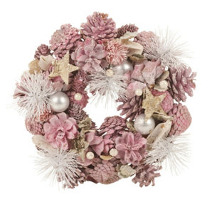 URBNLIVING 24cm Festive Patel Decorative Pine Cone Pink Christmas Door Flower Wreath