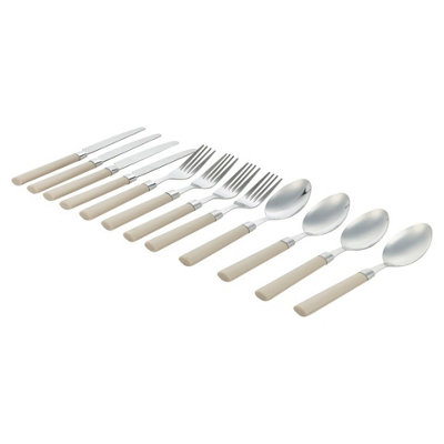 URBNLIVING 24cm Height Beige 12 Pcs Stainless Steel Cutlery Set Cutter Forks Spoons In Holder Travel Camping