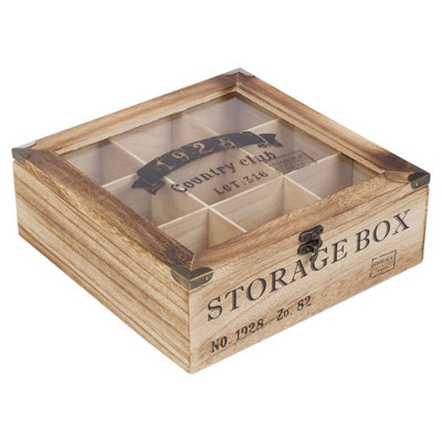 URBNLIVING 24cm Height Wooden Tea Box 9 Section Compartments Glass Lid ...