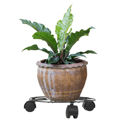 URBNLIVING 25cm Diameter Black Metal Flower Plant Pot Trolley Roller with 3 Casters Wheels Outdoor Rack