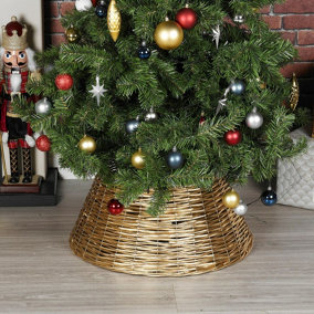 URBNLIVING 25cm Height Christmas Natural Large Willow Wicker Woven Rattan Tree Skirt Base Cover Stand Gold