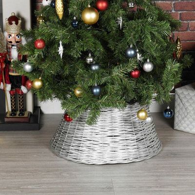 URBNLIVING 25cm Height  Christmas Natural Large Willow Wicker Woven Rattan Tree Skirt Base Cover Stand Silver
