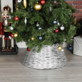 URBNLIVING 25cm Height  Christmas Natural Large Willow Wicker Woven Rattan Tree Skirt Base Cover Stand Silver