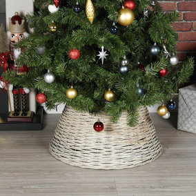 URBNLIVING 25cm Height Christmas Natural Large Willow Wicker Woven Rattan Tree Skirt Base Cover Stand White