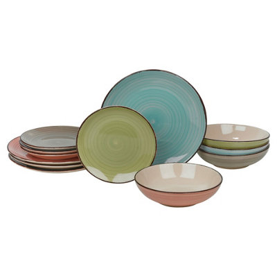 URBNLIVING 27cm Depth 12 Piece Coloured Stone Glazed Ceramic Dinnerware Crockery Plates Bowls Set