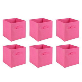 URBNLIVING 27cm Height Set Of 6 Dark Pink Collapsible Cube Storage Boxes Kids Toys Carry Handles Basket Large