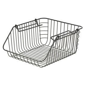 URBNLIVING 27cm Width Black Metal Wire Stackable Multi-Purpose Basket Set Organizer With Carry Handles