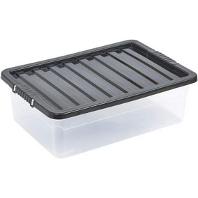 URBNLIVING 28 Litre Black Container Plastic Storage Box With Clip Lid