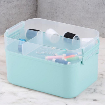 URBNLIVING 29cm Length Mint Green Portable Sewing Accessories Box Kit 2 Layer Storage Organiser Trays with Carry Handle