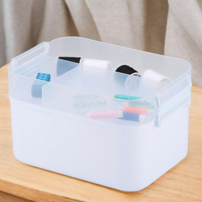 URBNLIVING 29cm Length White Portable Sewing Accessories Box Kit 2 Layer Storage Organiser Trays with Carry Handle