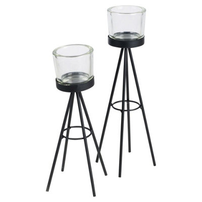 URBNLIVING 2pcs 8x19cm & 8x24cm Tall Metal Tripod Tealight Candle Stick Stand Glass Holder Set