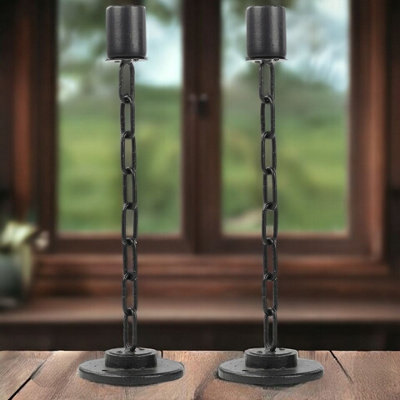 URBNLIVING 2pcs Large Black Metal Chain Link Design Candle Holder With Wooden Stand Home Décor