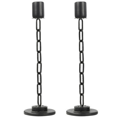 URBNLIVING 2pcs Large Black Metal Chain Link Design Candle Holder With Wooden Stand Home Décor