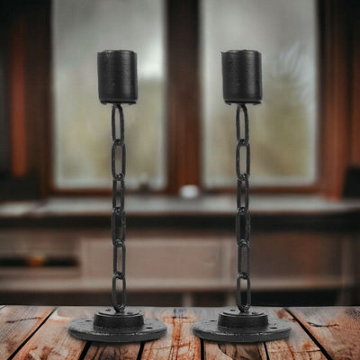 URBNLIVING 2pcs Medium Black Metal Chain Link Design Candle Holder With Wooden Stand Home Décor