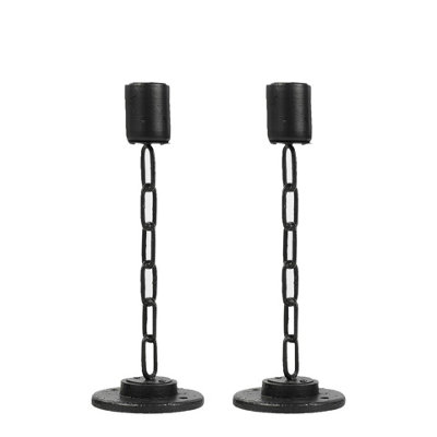 URBNLIVING 2pcs Medium Black Metal Chain Link Design Candle Holder With Wooden Stand Home Décor
