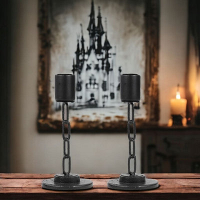 URBNLIVING 2pcs Small Black Metal Chain Link Design Candle Holder With Wooden Stand Home Décor