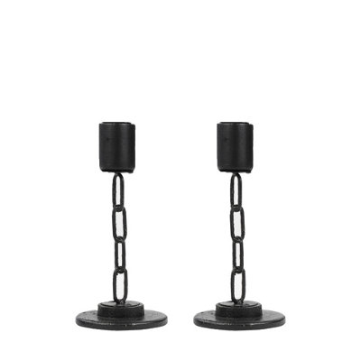 URBNLIVING 2pcs Small Black Metal Chain Link Design Candle Holder With Wooden Stand Home Décor