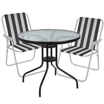 URBNLIVING 2Pcs White & Black Stripes Folding Deck Chairs with Garden Table Outdoor Patio Dining Furniture Set
