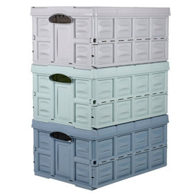 URBNLIVING 3 Pcs 25cm Height 45L Folding Collapsible Plastic Storage Crate Box One Of Each Colour (Blue, Grey & Teal)