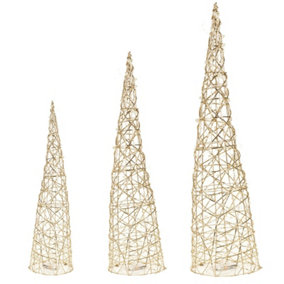 URBNLIVING 3 Pcs LED Light Up Christmas Tree Cone Gold Pearls Pyramids Glitter Ornament Fairy Lights