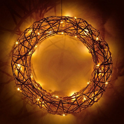 URBNLIVING 30cm Round Pearl Gold Wreath Decoration with LED Lights Christmas Ornament Lights Hanging Xmas Decor
