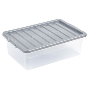 URBNLIVING 32 Litre Silver Container Plastic Storage Box With Clip Lid Set of 3