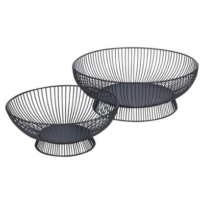 URBNLIVING 32cm Diameter 2Pcs Black Metal Fruit Bowl Bread Basket Modern Wire Style Decorative Centerpiece Small & Large