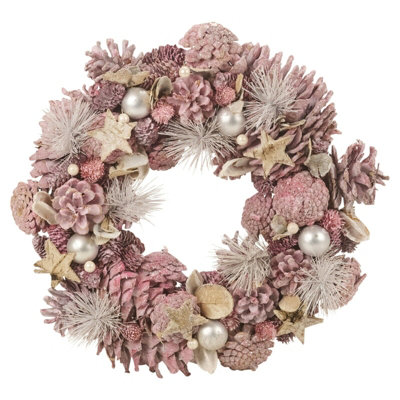 URBNLIVING 34cm Festive Patel Decorative Pine Cone Pink Christmas Door Flower Wreath