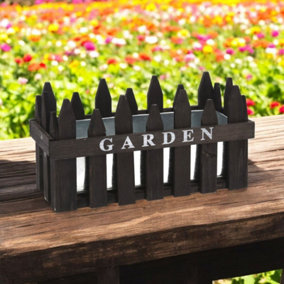 URBNLIVING 35cm Width Black Mini Wooden and Metal Flower Box Fence Garden Display