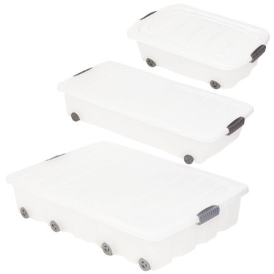 URBNLIVING 35L Under Bed Plastic Storage White Box Chest Wheeled With Lid Sets of 3