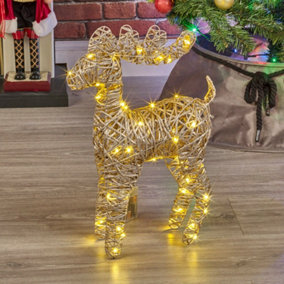 URBNLIVING 37cm LED Light Up Reindeer Metallic Gold Plastic Rattan Wire Frame Christmas Home Decorations