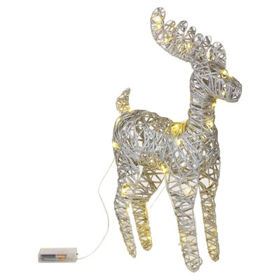 URBNLIVING 37cm LED Light Up Reindeer Metallic Silver Plastic Rattan Wire Frame Christmas Home Decorations