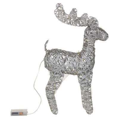 URBNLIVING 37cm LED Light Up Reindeer Metallic Silver Plastic Rattan Wire Frame Christmas Home Decorations