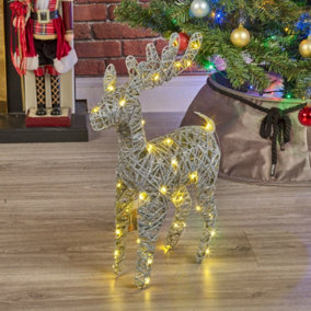 URBNLIVING 37cm LED Light Up Reindeer Silver Glitter Plastic Rattan Wire Frame Christmas Home Decorations