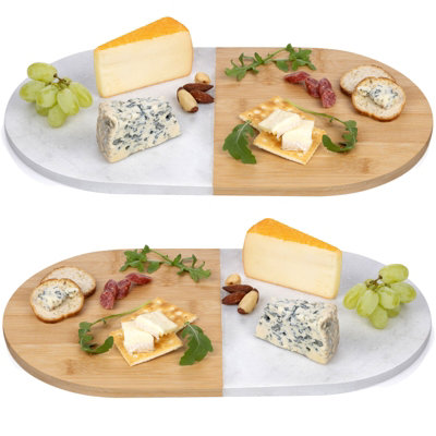 URBNLIVING 38cm Length 2Pcs Ceramic Oval Serving Platter Cheese Board Cake Tray Marble & Bamboo Plate