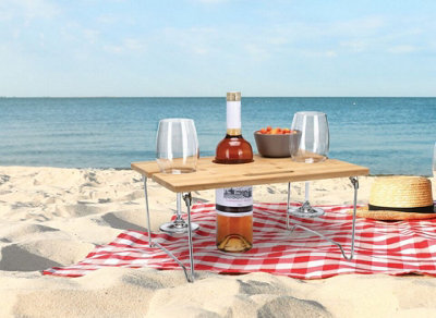 URBNLIVING 38cm Width Portable Foldable Bamboo Wine Picnic Table Outdoor Beach Glasses Bottle Holder