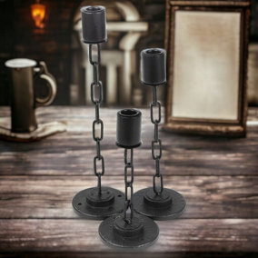URBNLIVING 3pcs 1 of Each Size Black Metal Chain Link Design Candle Holder With Wooden Stand Home Décor