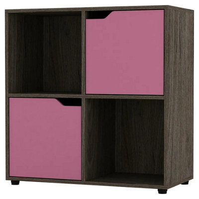 URBNLIVING 4 Cube Anthracite Oak Wooden Bookcase Shelving Display Shelves Storage Unit Wood Shelf Pink Door