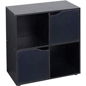 URBNLIVING 4 Cube Black Wooden Bookcase Shelving Display Shelves Storage Unit Wood Shelf Black Door