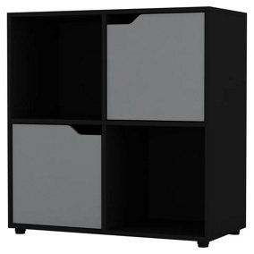 URBNLIVING 4 Cube Black Wooden Bookcase Shelving Display Shelves Storage Unit Wood Shelf Grey Door