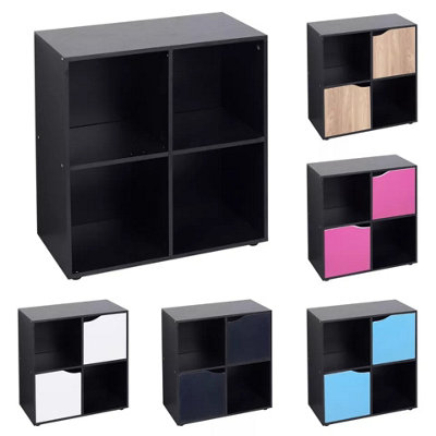 URBNLIVING 4 Cube Black Wooden Bookcase Shelving Display Shelves Storage Unit Wood Shelf Grey Door