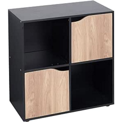 URBNLIVING 4 Cube Black Wooden Bookcase Shelving Display Shelves Storage Unit Wood Shelf Oak Door